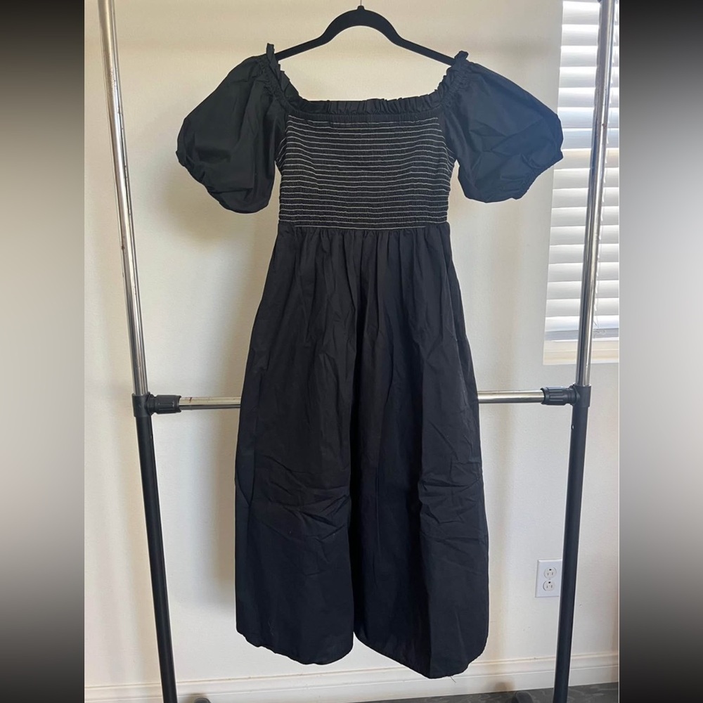Cottagecore Prairie Romantic Whimsigoth Black Puff Sleeve Timeless Midi Dress S